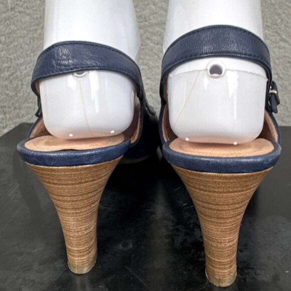 Hispanitas Sling Back Leather Pumps Wood Stacked Heel Navy Blue Size 38.5 - Picture 4 of 9